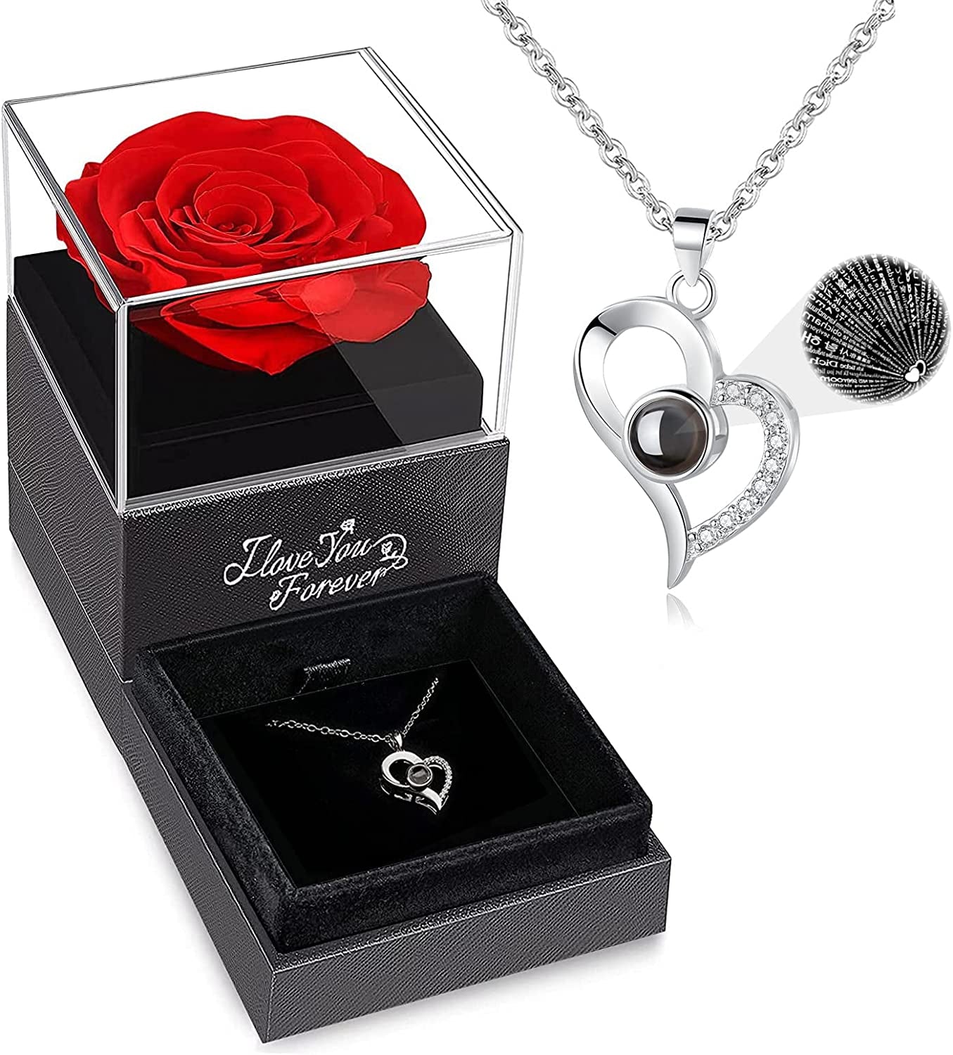 Preserved Real Rose with I Love You Necklace, Christmas Gifts for Women, Mom, Grandma, Wife and Girlfriend