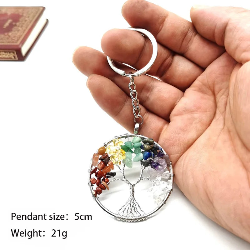 New 7 Chakra Natural Stone Crystal Tree of Life Energy Keychain Car Phone Bag Wishing Tree Pendant Jewelry Accessories for Women